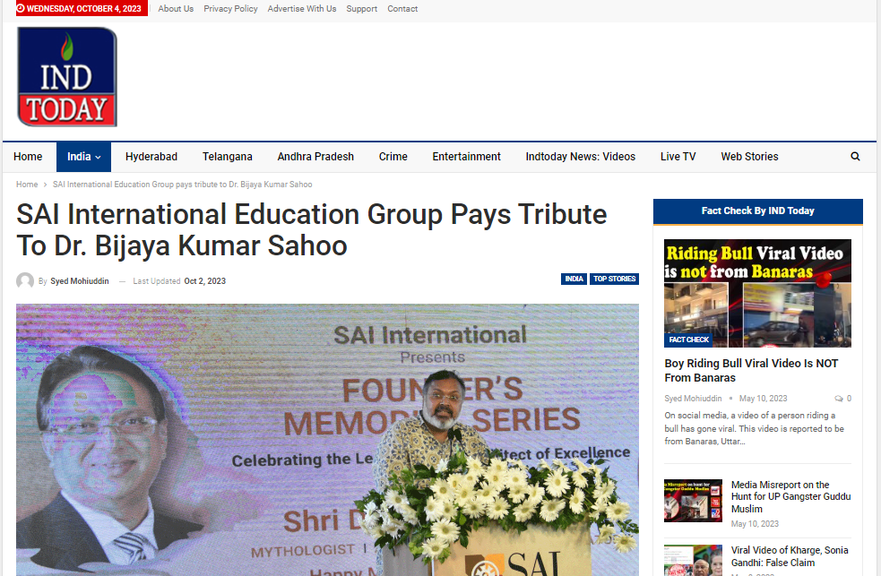 Ind Today || SAI International Education Group Pays Tribute To Dr. Bij...