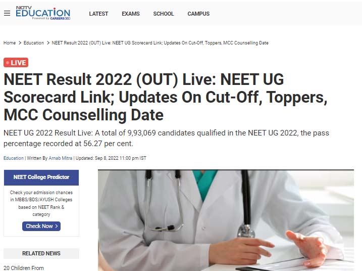 NEET Result 2022 (OUT) Live: NEET UG Scorecard Link; Updates On Cut-Off, Toppers, MCC Counselling Date || NDTV