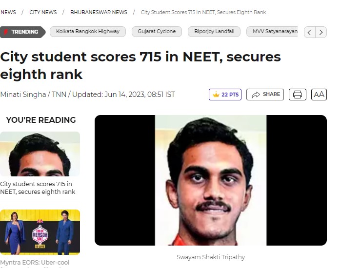 City student scores 715 in NEET, secures eighth rank || The Times of I...