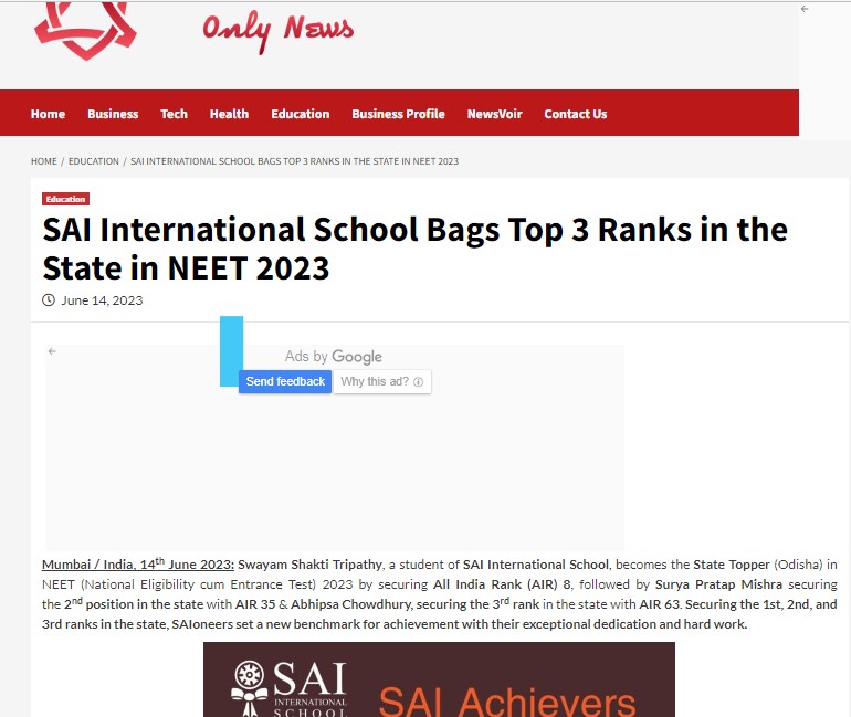 SAI International School Bags Top 3 Ranks in the State in NEET 2023 ||...