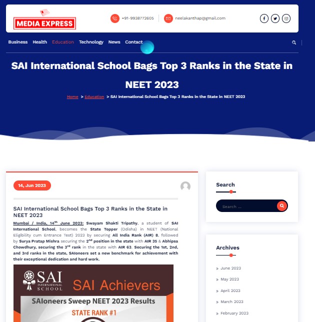 SAI International School Bags Top 3 Ranks in the State in NEET 2023 ||...