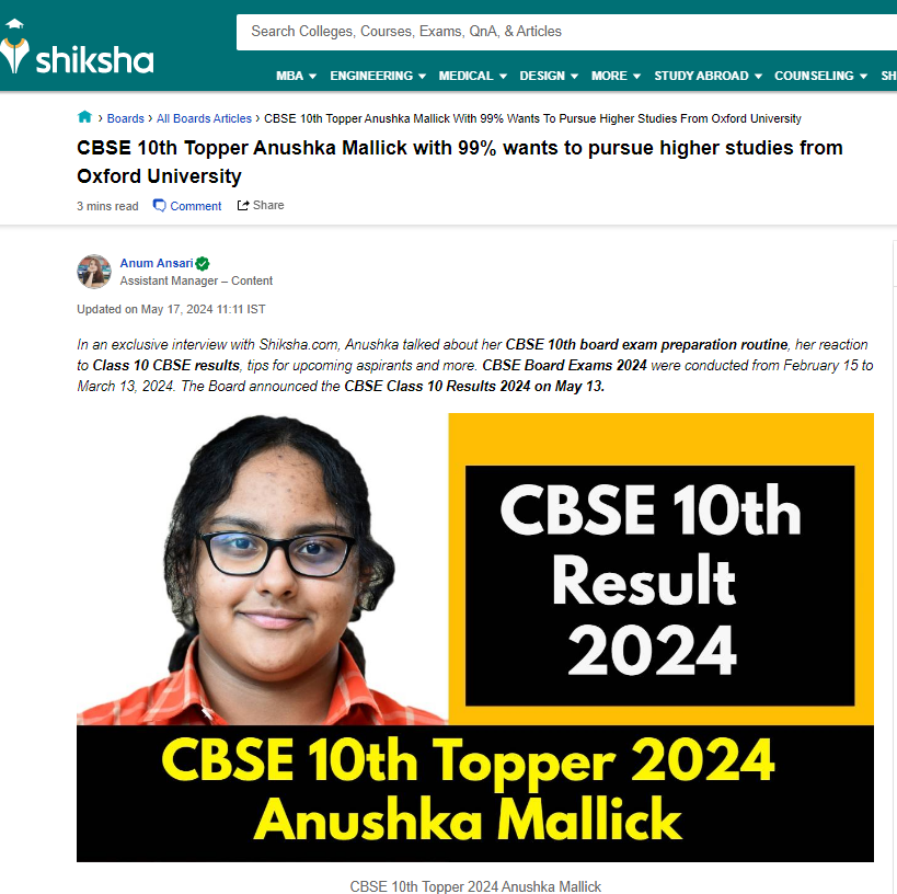 Shiksha || CBSE 10th Topper Anushka Mallick with 99% wants to pursue h...