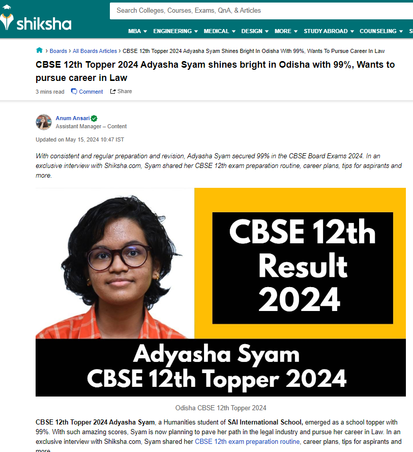 Shiksha || CBSE 12th Topper 2024 Adyasha Syam shines bright in Odisha ...