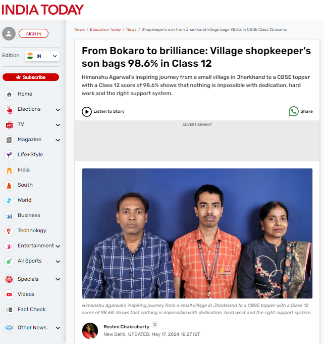 India Today || From Bokaro to brilliance: Village shopkeeper's son bag...