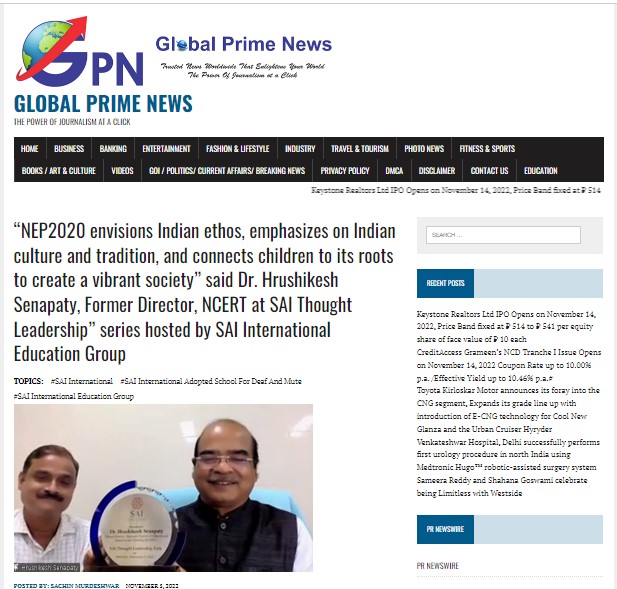Dr. Hrushikesh Senapaty, Former Director, NCERT at SAI Thought Leadership” series || Global Prime News