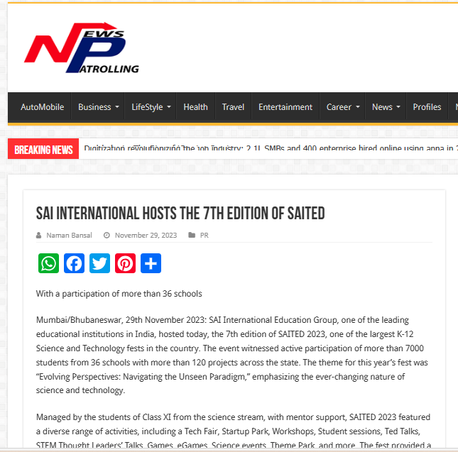 News Patrolling || SAI International Hosts the 7th Edition of SAITED