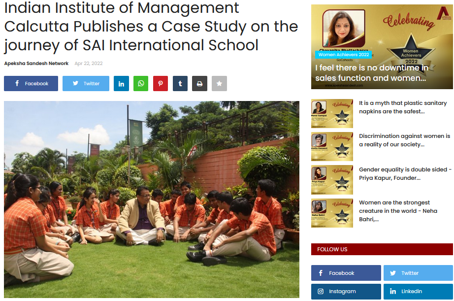 Indian Institute of Management Calcutta Publishes a Case Study on the journey of SAI International School || Apeksha Sandesh
