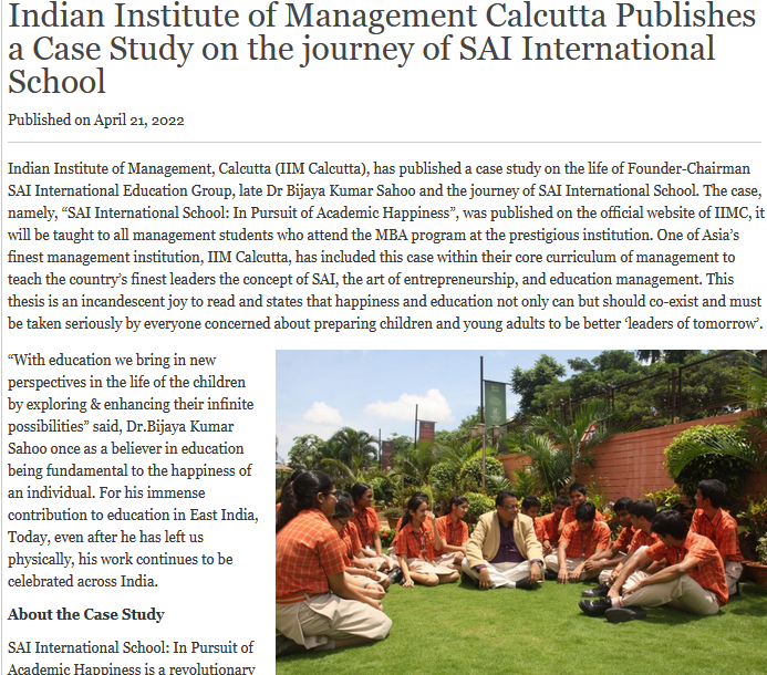 Indian Institute of Management Calcutta Publishes a Case Study on the journey of SAI International School || APN News
