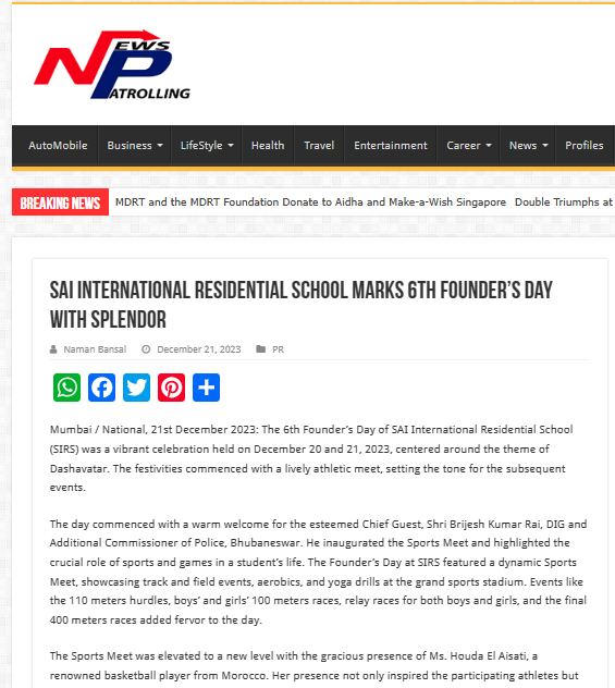 News Patrolling || SAI International Residential School Marks 6th Foun...